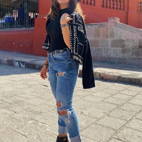 Hand Beaded Denim Over The Shoulder Rivet Studded Blue Denim Jacket One Size - Picture 2 of 10